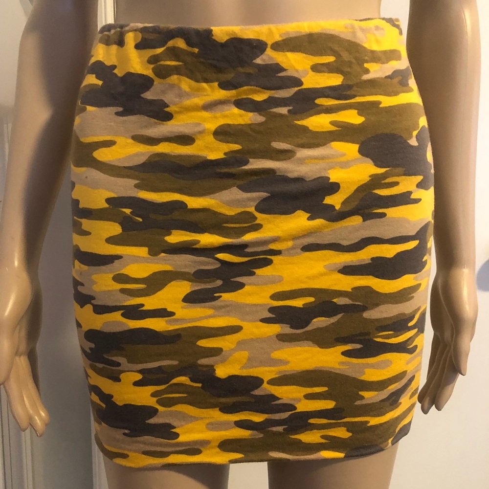 Better Be yellow camouflage mini skirt.